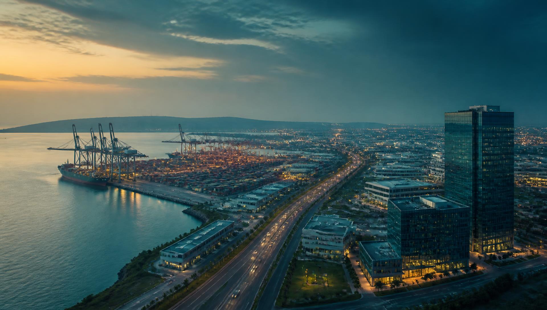 Vue aérienne au crépuscule d'un port et d'une zone d'activité du corridor Lagos–Cotonou