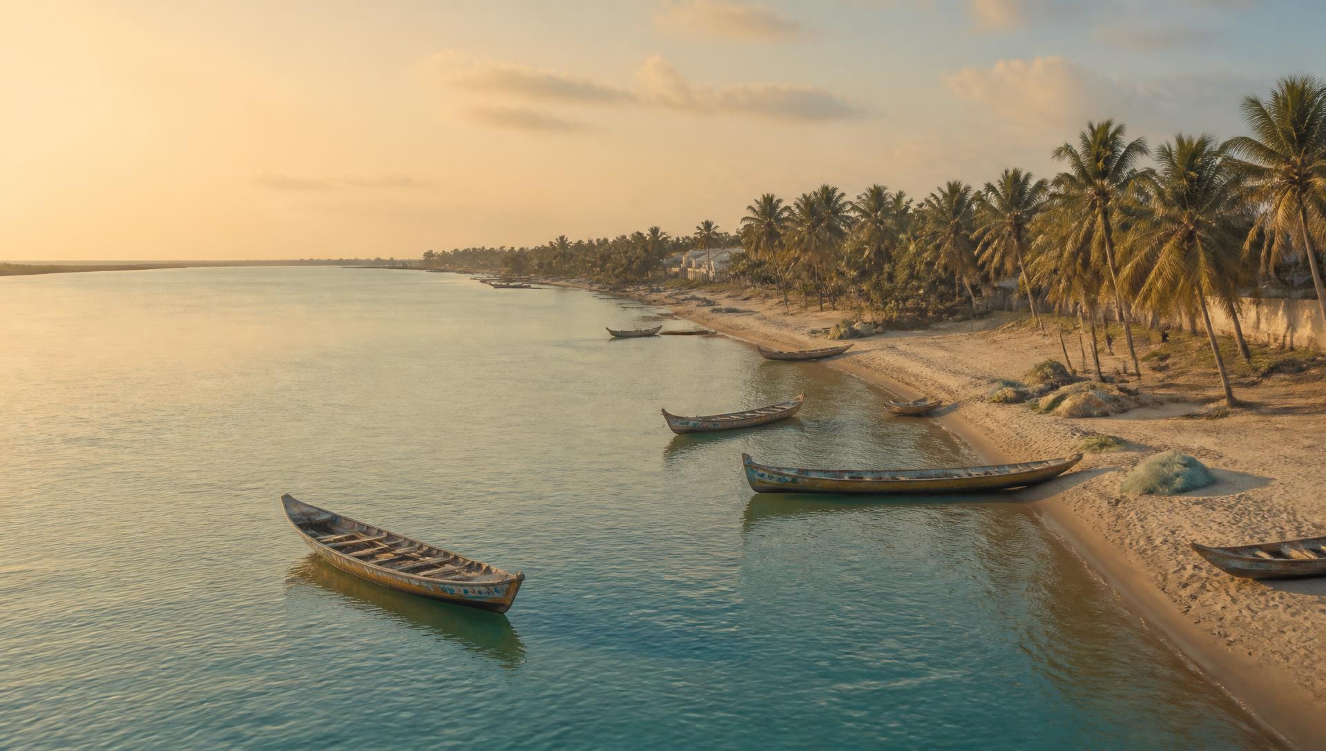 Lagune de Sèmè-Podji au coucher du soleil avec pirogues et cocotiers